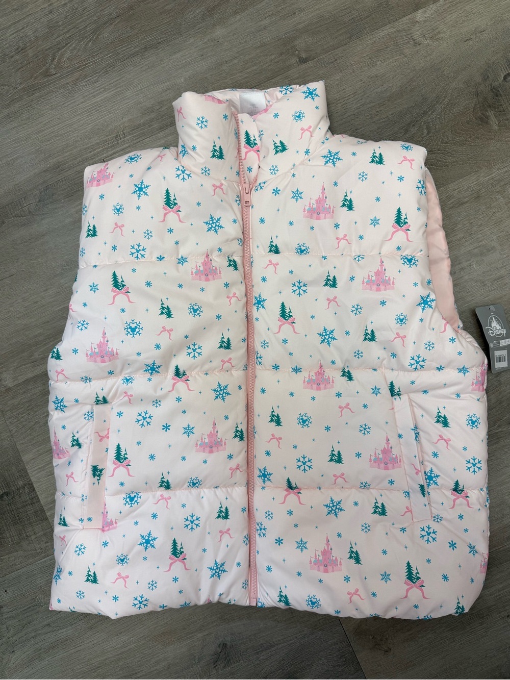 Disney Fantasyland Castle Holiday Puffer Vest Pink Bows NWT